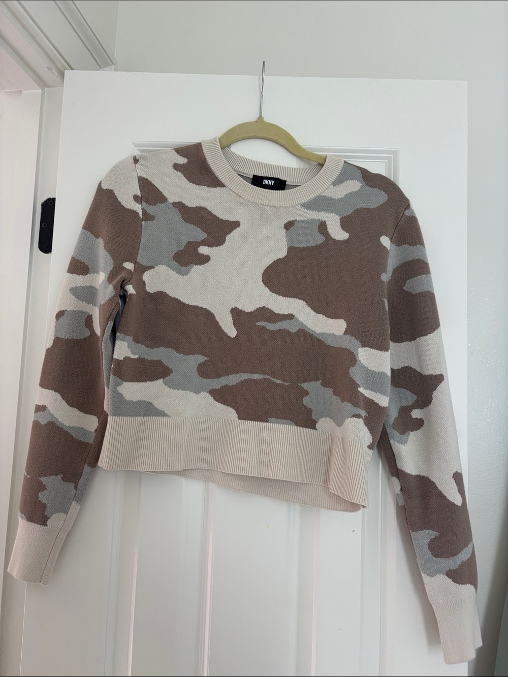 DKNY Beige and Brown Camo Crewneck Sweater